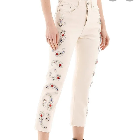 Golden Goose Texas Paisley Embroidery Ivory Straight Raw-Cut Crop Jeans … - Picture 4 of 14